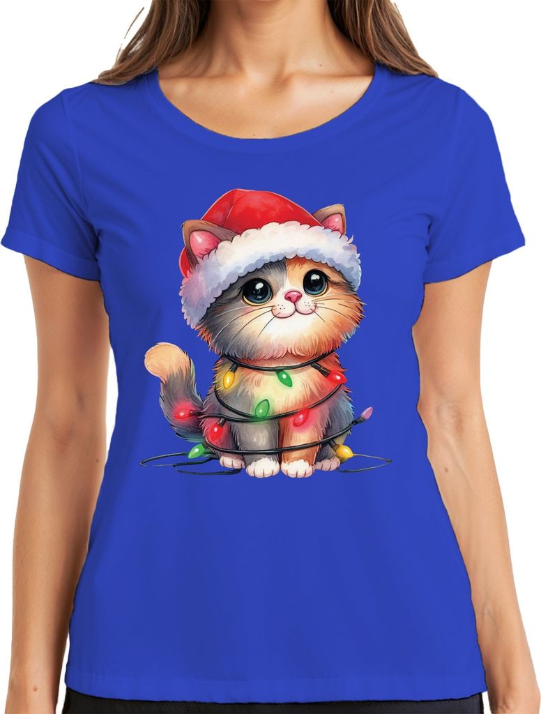 Katze Lichterkette Katzenliebhaber - Weihnachten Weihnachtsgeschenk Christmas Damen T-Shirt, Blau, XL