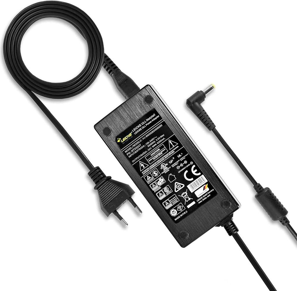A black power adapter with its cables is shown on a white background.