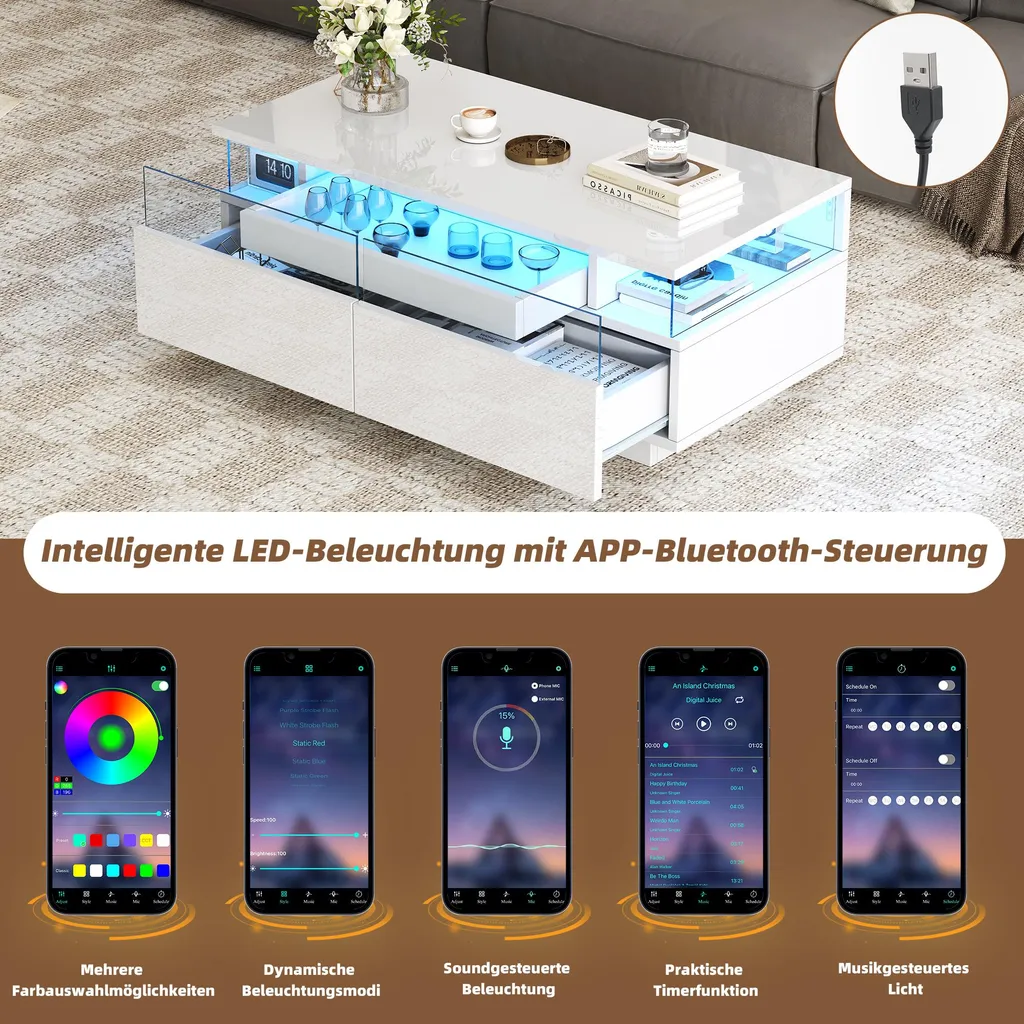 Table d'Appoint LED Multicolore App, Plateau Laqué et 2 Tiroirs Blancs