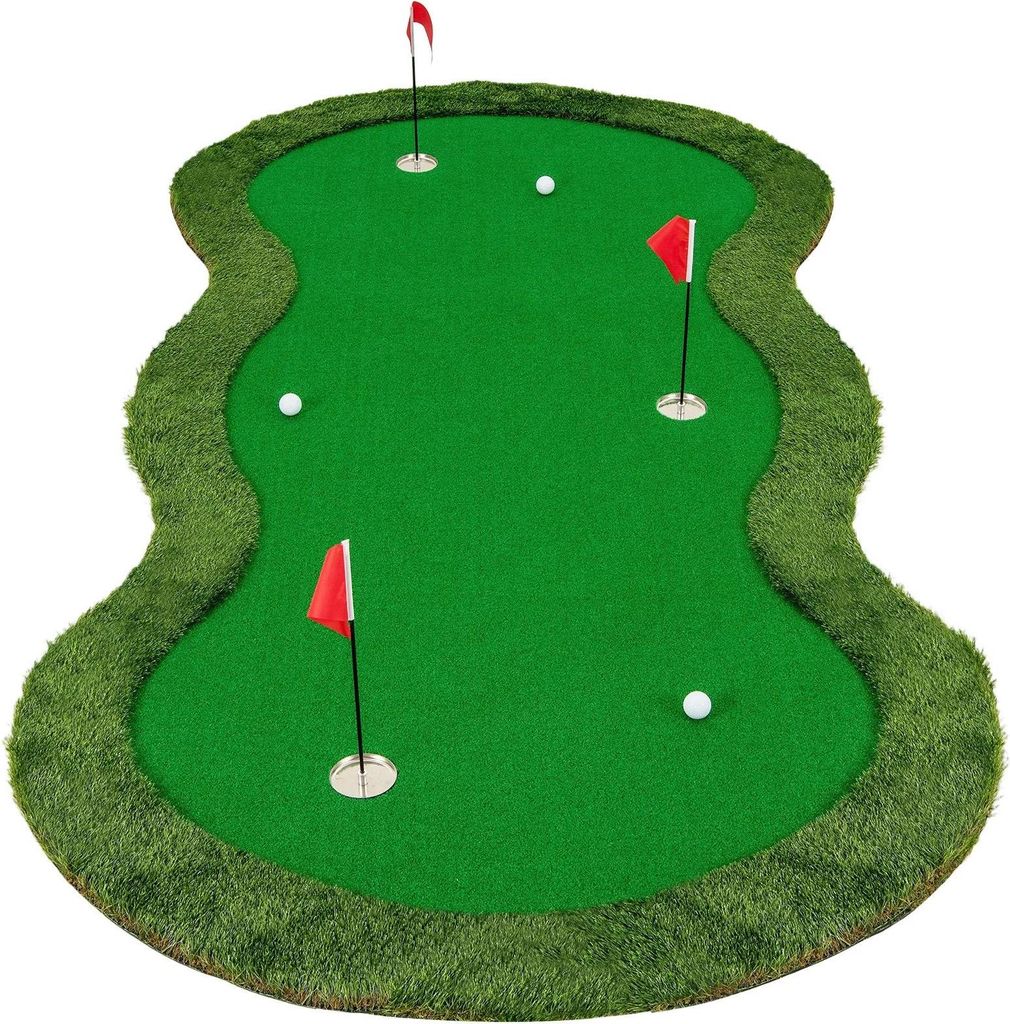 Golf Puttingmatte - Trainingsmatte - 300 cm - Kunstrasen - 3 Löcher & Becher - 3 Fahnen - Faltbar - Inkl. Golfbälle - Grün