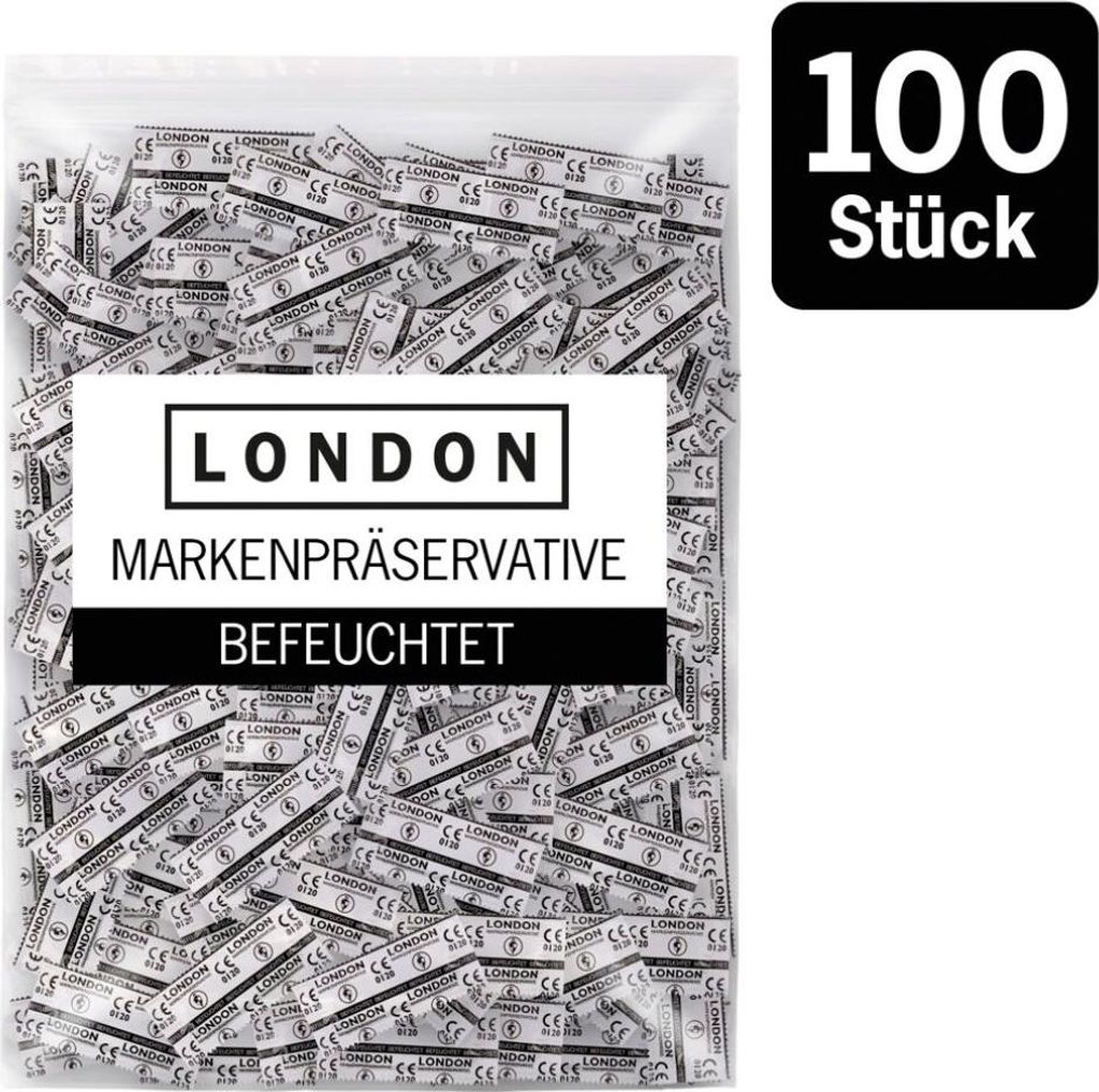 A bag filled with individually wrapped condoms, with a label in the center and a count of 100 pieces in the upper right corner.