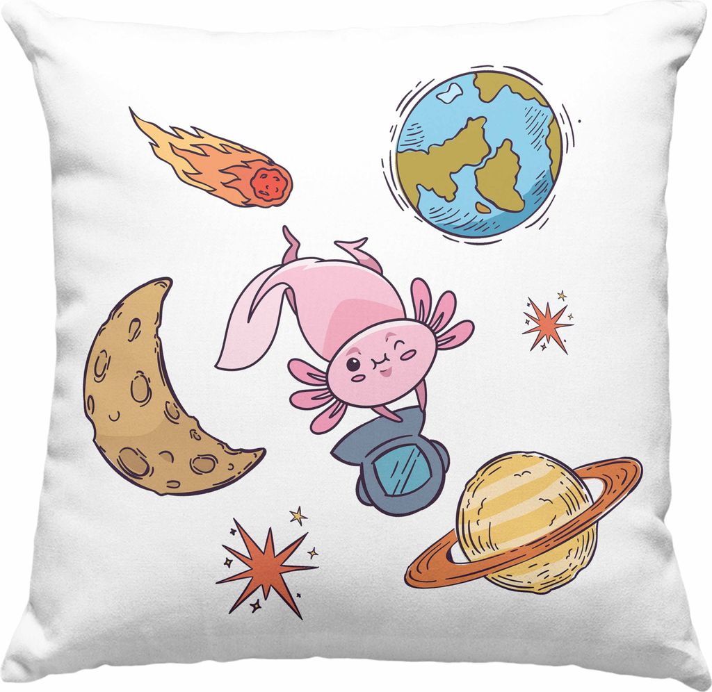 Trendation - Axolotl Deko-Kissen mit Füllung 40x40 Grafik Lustig Geschenkidee Schwanzlurch Tiere Geschenk Galaxie (Rosa)