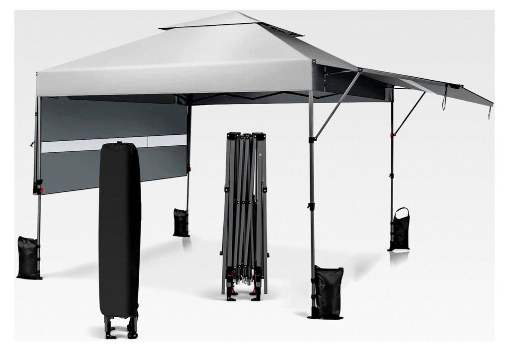 Faltpavillon mit zwei Markisen, Partyzelt mit Rolltasche, UV-Schutz 50+, 4 Sandsäcke, Pop-Up Pavillon, faltbares Gartenzelt, stabil und wasserdich...