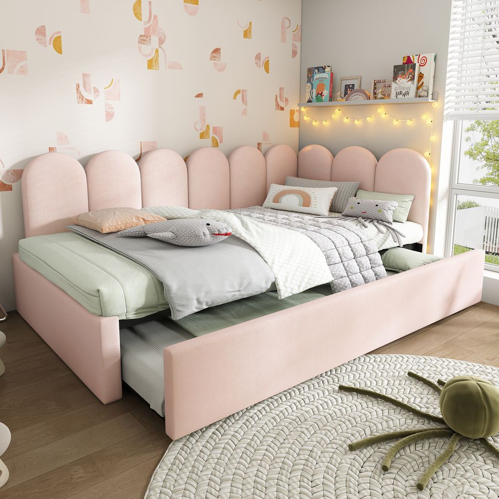 Flieks Polsterbett Schlafsofa 90x200cm mit Ausziehbett, Tagesbett Daybed mit Lattenrost, Kinderbett Jugendbett Einzelbett Holzbett, Samt, Rosa