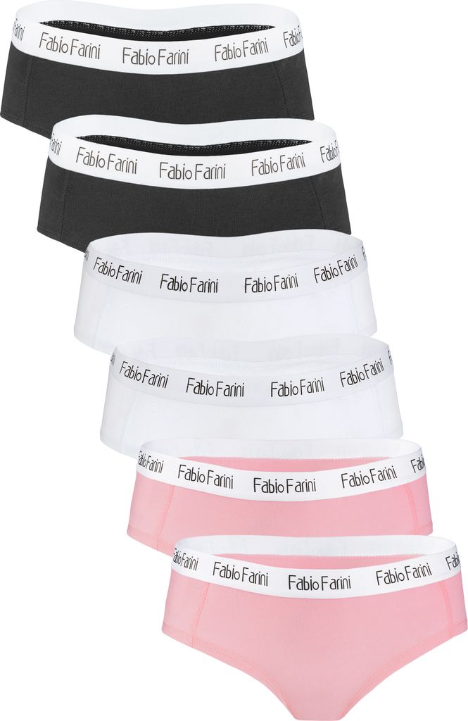 Fabio Farini - 6 Stück Damen Unterhosen - Frauen Hipster Panties aus elastischer Baumwolle im sportlich modernen Look mit Logo-Bund