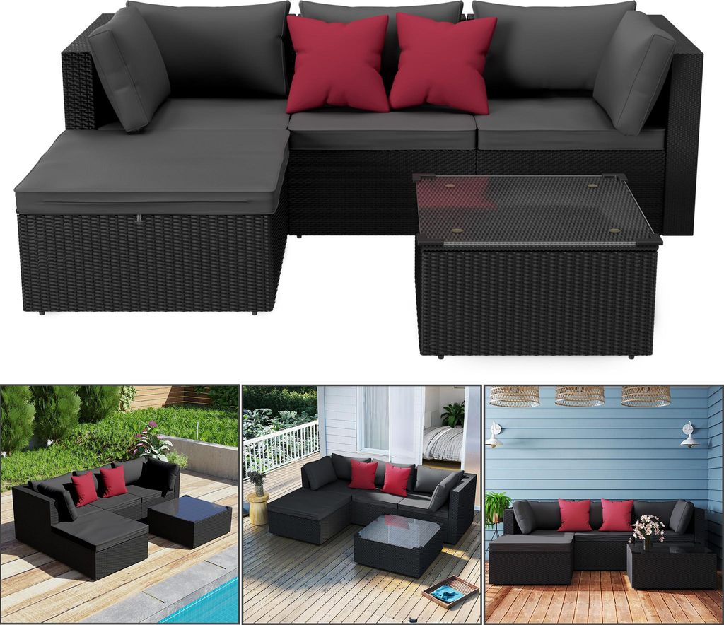 LZQ Polyrattan Lounge 5-teiliges Balkonmöbel Set – Sofa, Sessel, Hocker, Tisch & Kissen für 3-4 Personen | Outdoor Sitzgruppe für Garten, Terr...