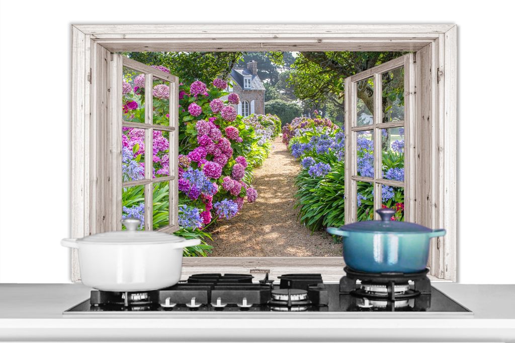 KitchenYeah Spritzschutz Küche - Küchenrückwand - Wandschutz für Herd und Spüle - Hortensie - Durchsichtig - Blumen - Sommer - Lila - Weg 10...