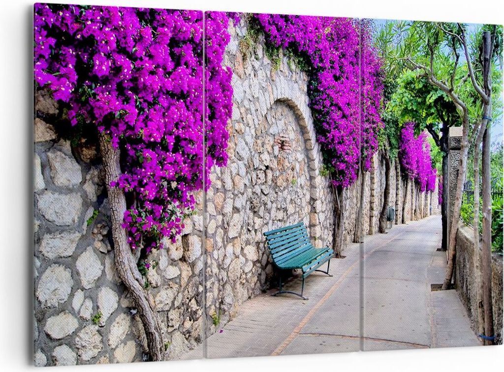 Bild auf Leinwand - Leinwandbild - Pflanzen Bank Straße Sommer - 165x110cm - Wand Bild - Wanddeko - Leinwanddruck - Bilder - Kunstdruck - Wanddeko...