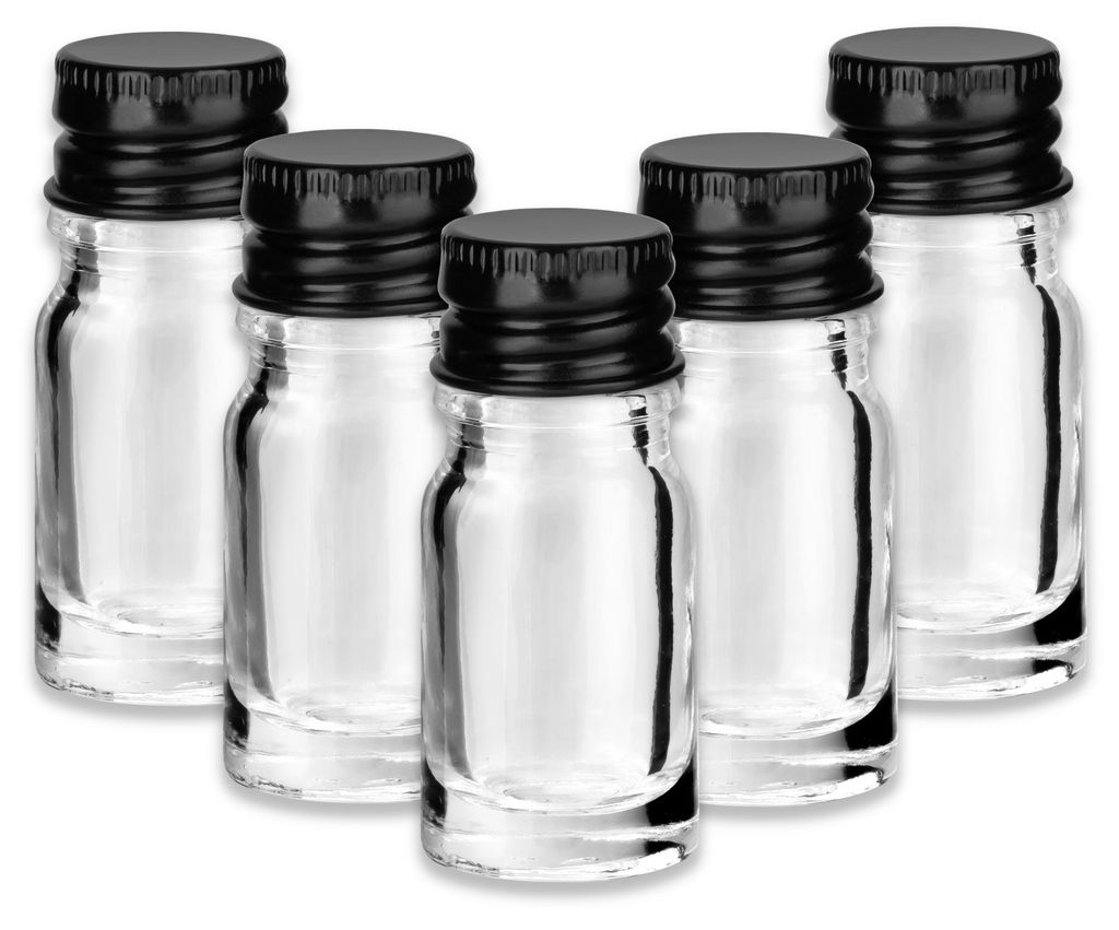 5x Klare Glasflasche 5 ml mit schwarzem Aluminium Schraubverschluss