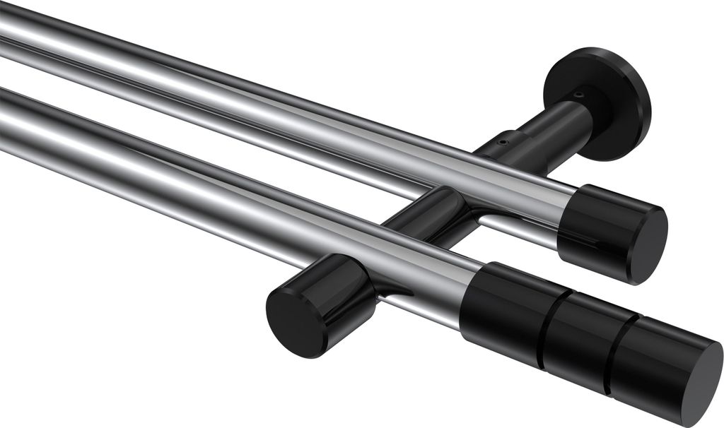 Interdeco Gardinenstange / Vorhangstange Chrom / Schwarz, Typ Prestige Elanto (Rillenzylinder) ohne Ringe, 20 mm Ø 2-läufig, 240 cm