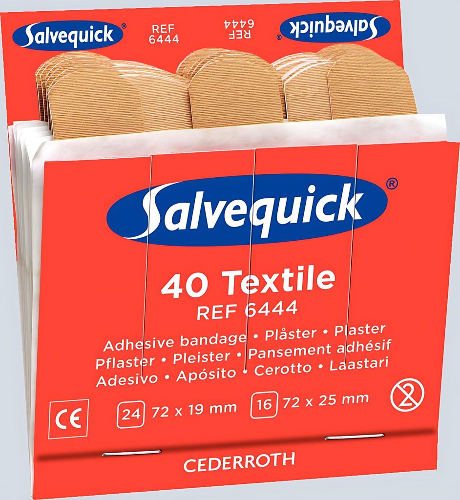 A box of Salvequick textile adhesive bandages.