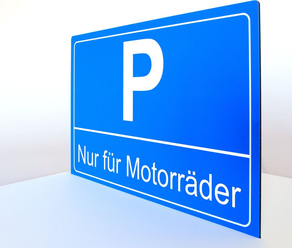 Parkplatz Schild blau – Nur für Motorräder – Querformat – 4 mm Alu Verbundplatte (30 x 20 cm)