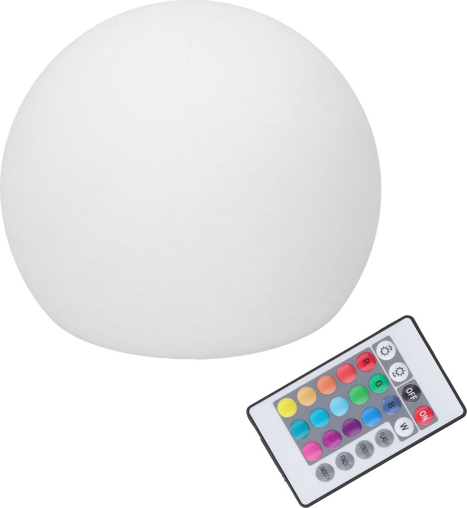 A white spherical LED lamp and a remote control with colored buttons are shown on a white background.