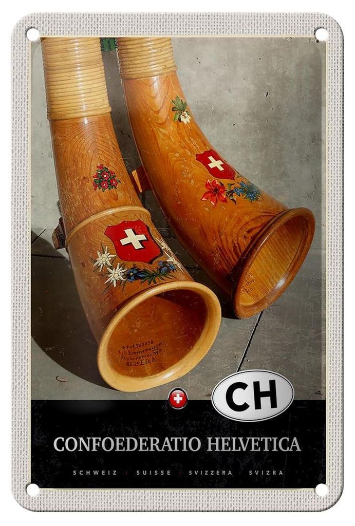 Blechschild Reise 12x18cm Confoederatio Helvetica Alphorn Urlaub Schild
