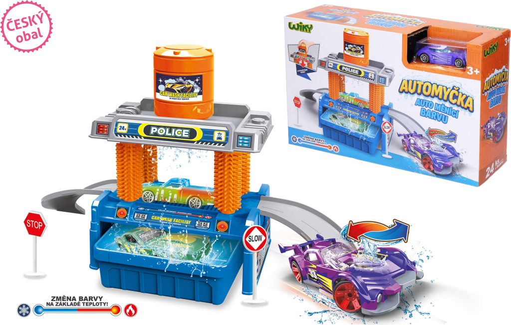 Autowaschanlage + farbwechselndes Plastikauto mit Zubehör in einer Schachtel (30 x 19 cm)