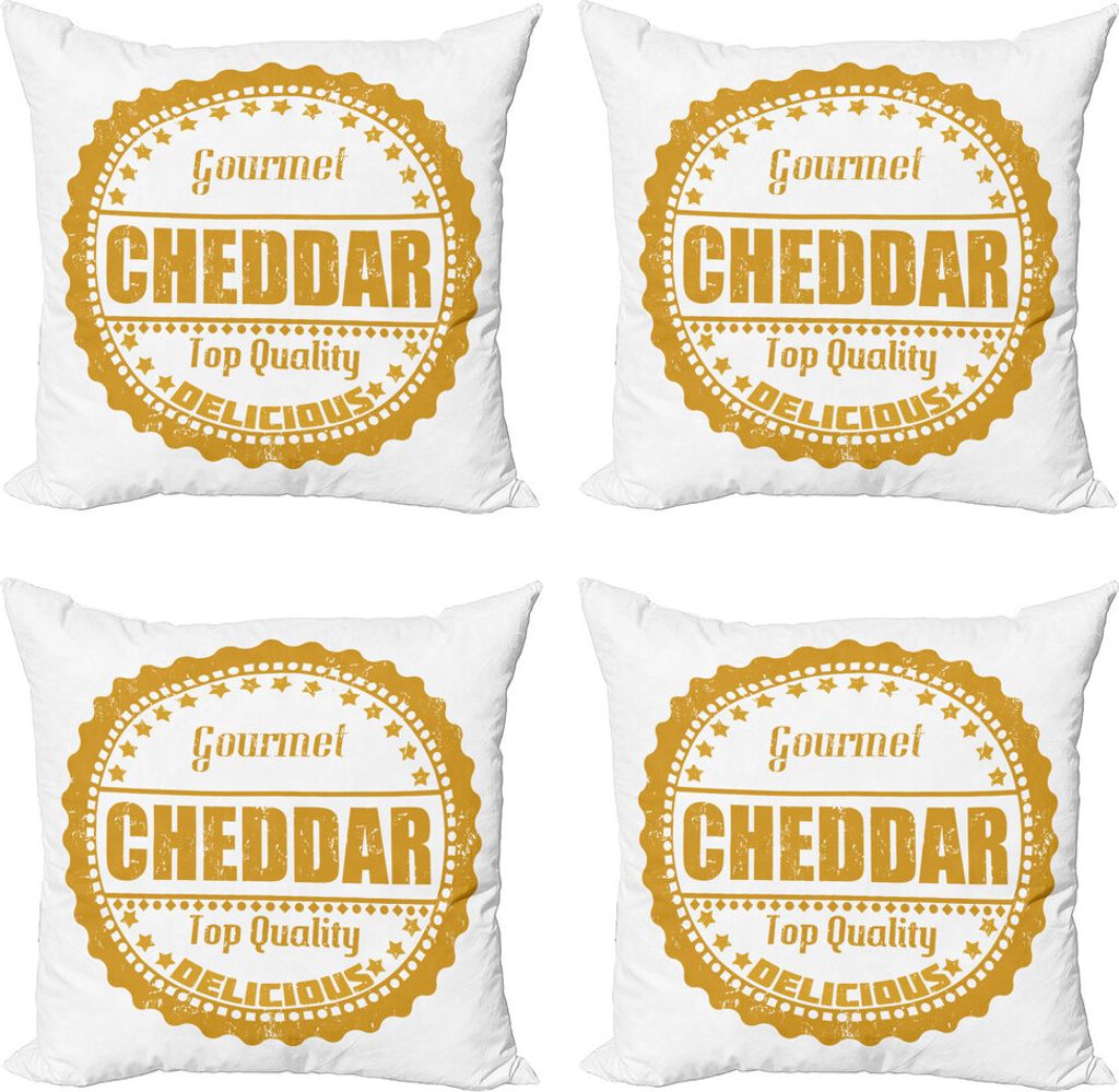 ABAKUHAUS Käse Kissenbezug Set (4 Stück), Gourmet Cheddar Stempel, Moderner Doppelseitiger Digitaldruck, 50 cm x 50 cm, Dunkelgelb und Weiß
