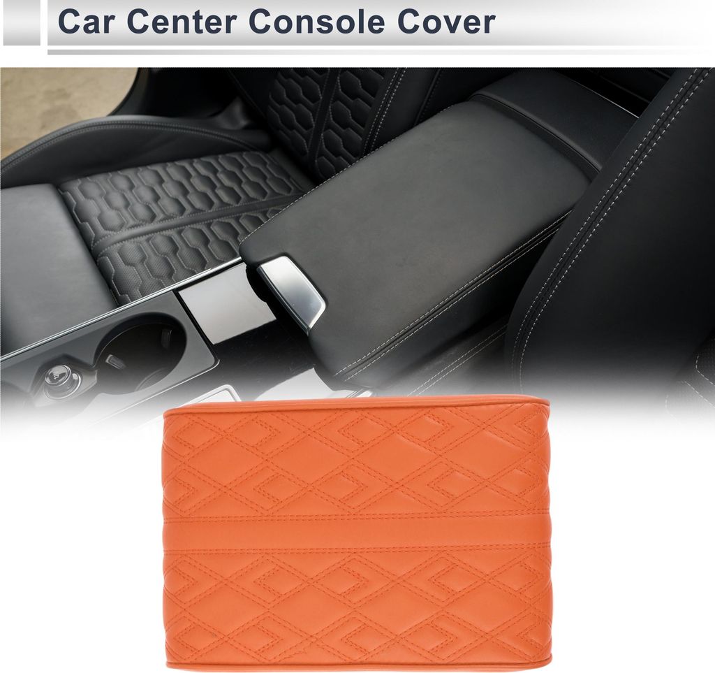 Auto Mittelkonsole Abdeckung Auto Armlehnenabdeckung 12,2"x7,87"x1,97" Orange Nappa Leder, Hochdruckschwamm Diamantmuster