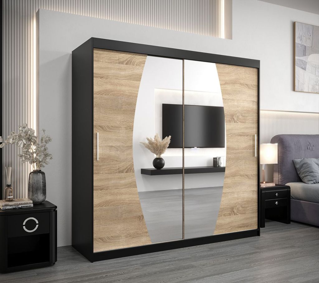 Kleiderschrank LILIANA – Breite 200 cm, schwarz/Sonoma-Eiche
