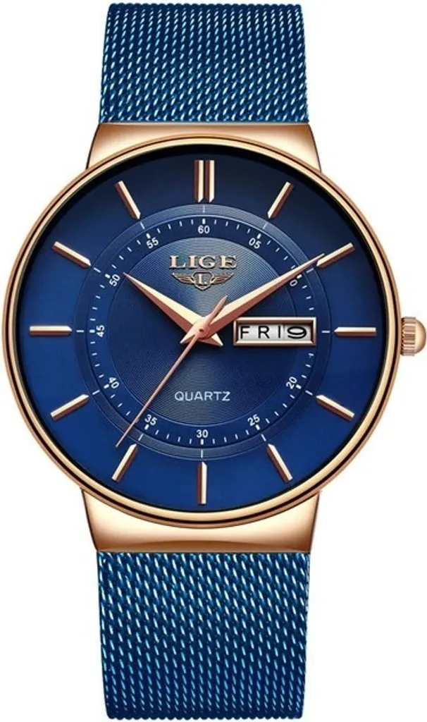 Montre Homme Étanche LIGE King Bleu Doré - Acier Inoxydable et Quartz
