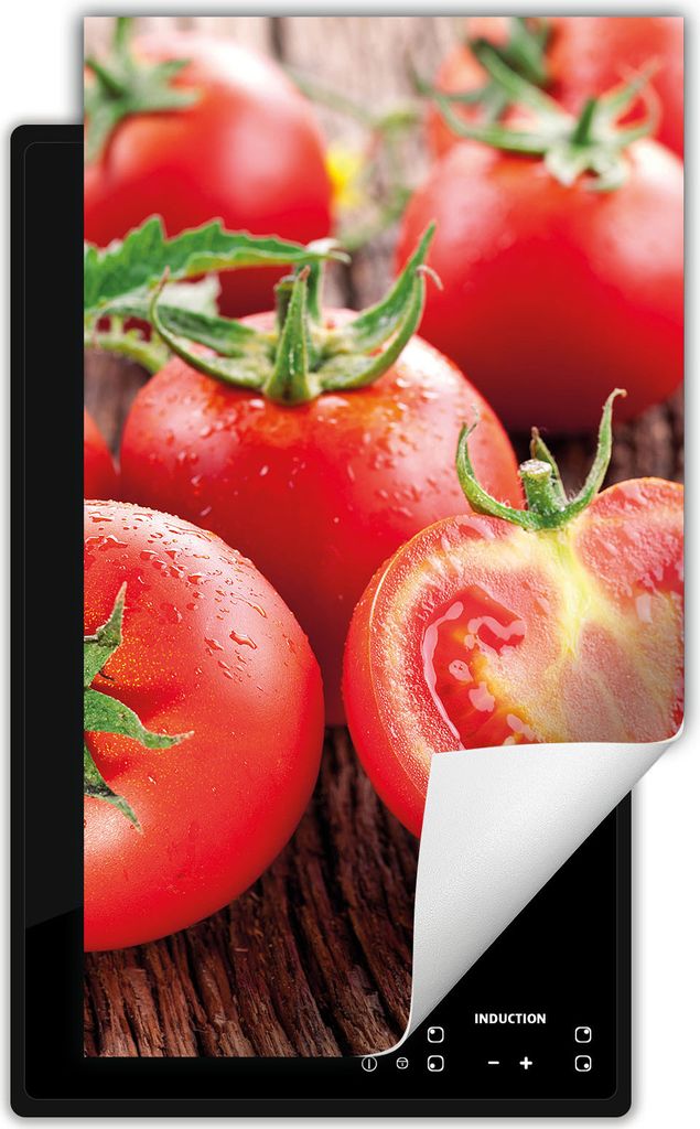 DarHaus Herdabdeckplatte 1 teilig 30x52 cm Anti Rutsch Matte Aufrollbar, Holz - Tomaten