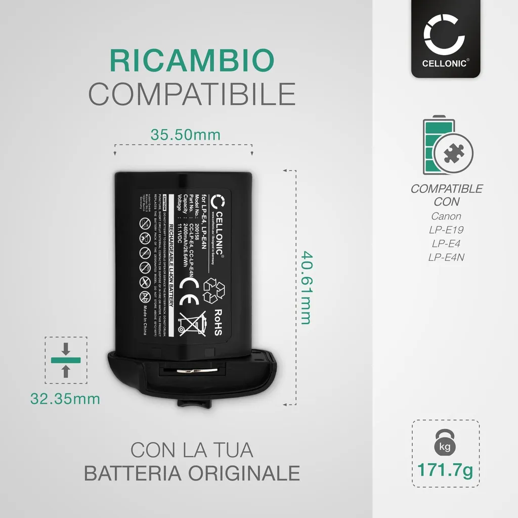 vhbw batteria sostituisce Canon LP-E4N, LP-E4 per fotocamera (2200mAh, 11,1V, Li-Ion