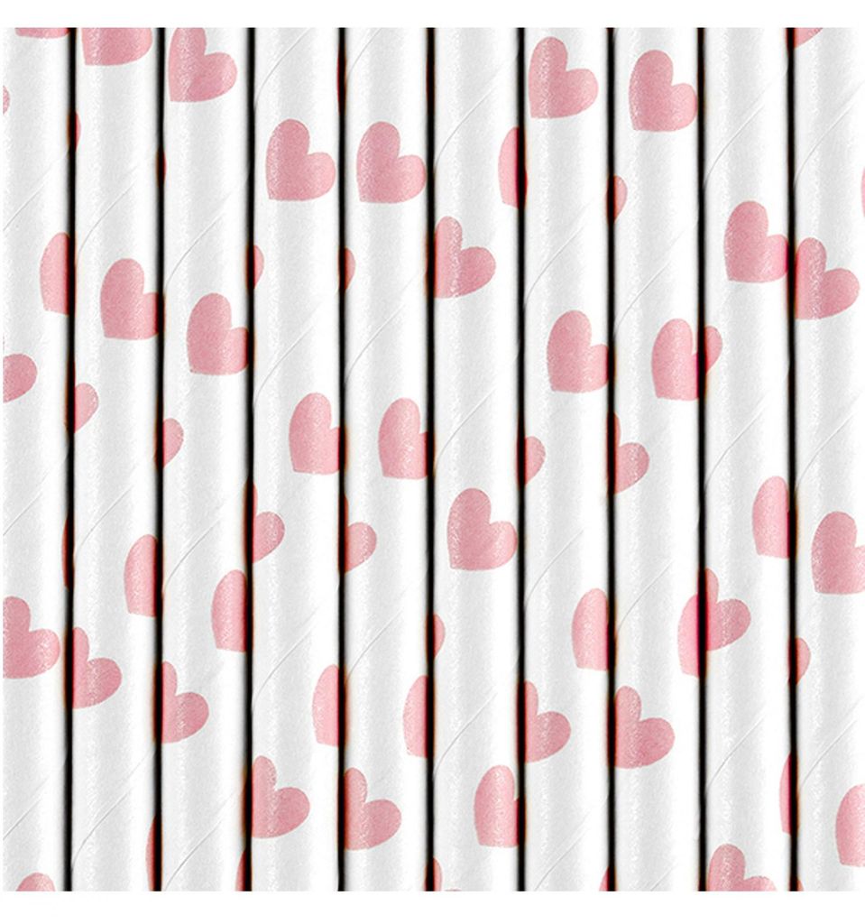 Cannucce di carta con cuori 19cm bianco rosa set da 10 Immagine del prodotto 