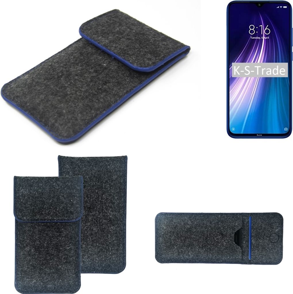 K-S-Trade Handy-Hülle Schutz-Hülle kompatibel mit Xiaomi Redmi Note 8 Filztasche Pouch Tasche Case Sleeve Filzhülle dunkelgrau, blauer Rand