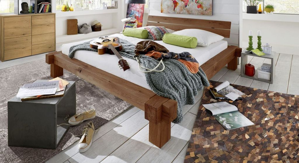 Refurbished Möbelretoure Massivholzbett Balkenbett Fichte 200 x 200 cm JONAS