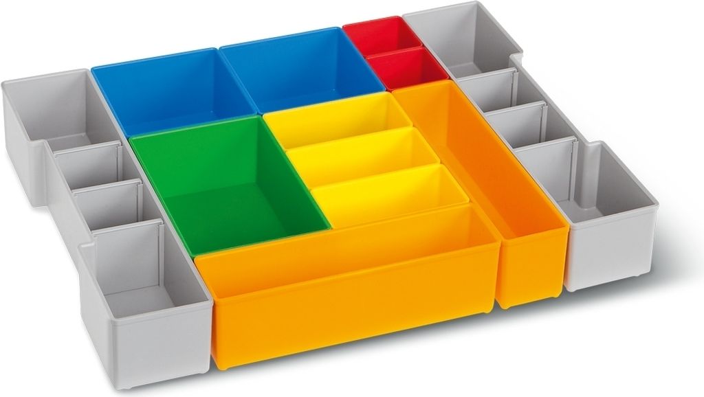 A colorful organizer with multiple compartments.
