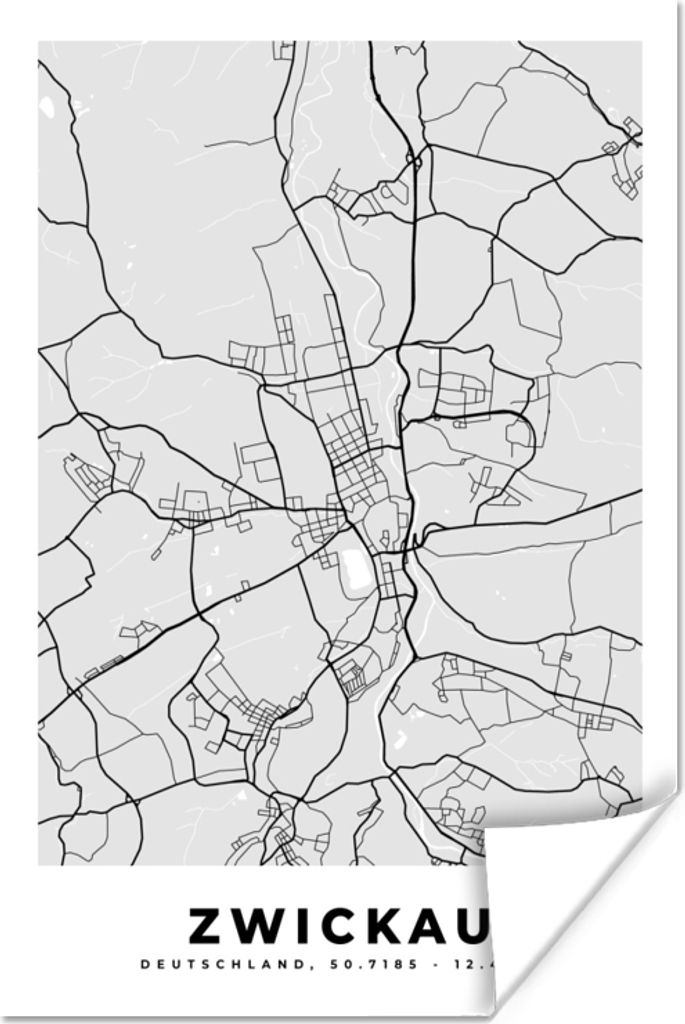 MuchoWow Poster Deutschland - Karte - Zwickau - Stadtplan 40x60 cm - Plakate für die Wand - Poster Babyzimmer