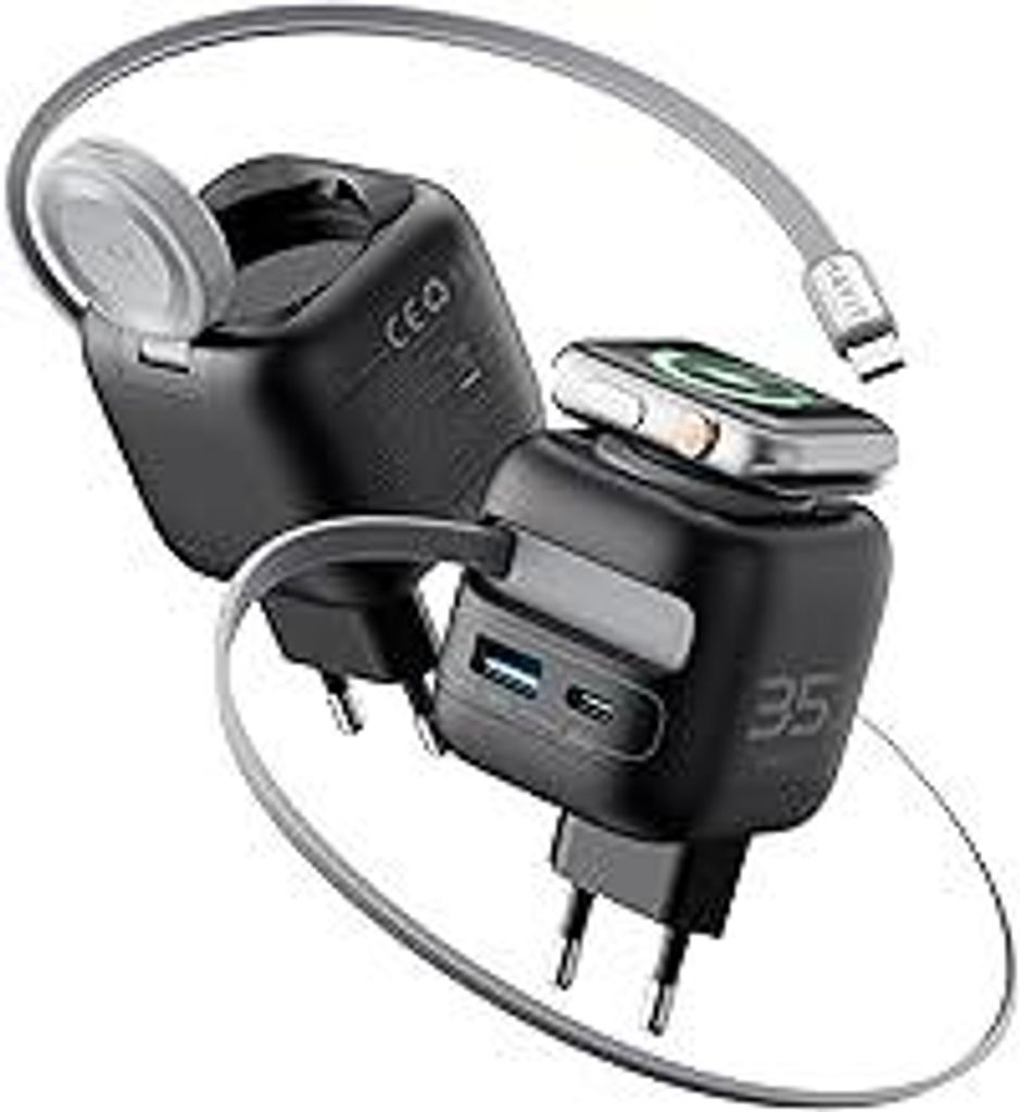 havit 35W USB-C Ladegerät mit Einziehbarem Kabel 4-Port GaN Netzteil Retractable Charger mit Ladekabel für Apple Watch Ultra/10/9/SE Serie, iPhon...