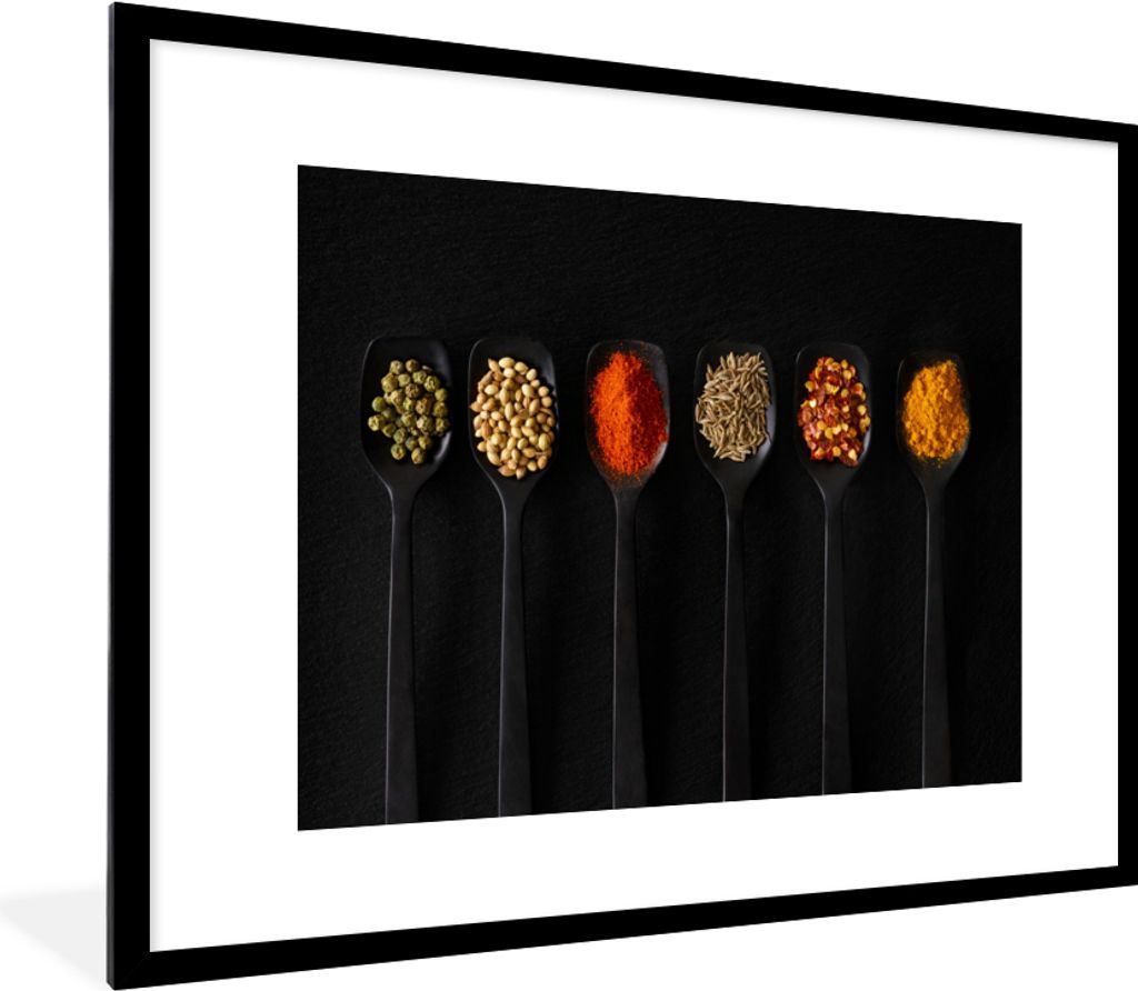MuchoWow Gerahmtes Poster Löffel - Gewürze - Schwarz - Gewürze - Rustikal 80x60 cm - Poster mit Schwarzem Bilderrahmen Wandposter Rahmen Foto ...