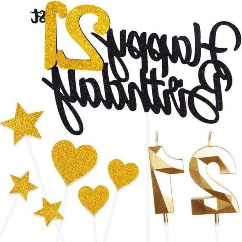 Personalisierte schwarze Gold-Torte-Topper mit Nummer 21 Kerzen und Herz-Toppers - Set aus 9