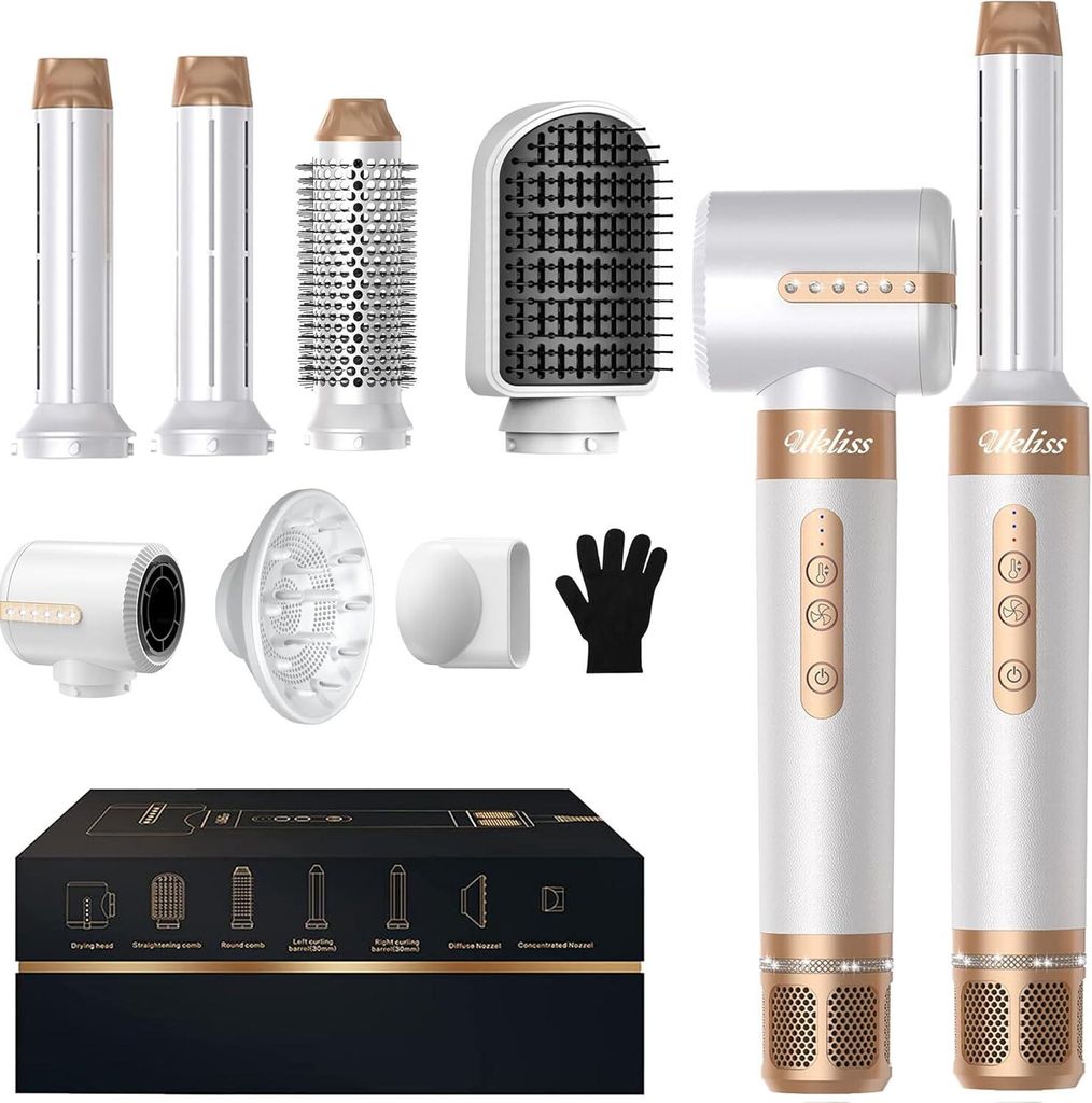 110000 U/Min Hochtouriger Haartrockner Warmluftbürste Set Mit 7 Aufsätze,Trocknen, Glätten, Locken, Volumengeben, Massieren der Kopfhaut, Ionen ...