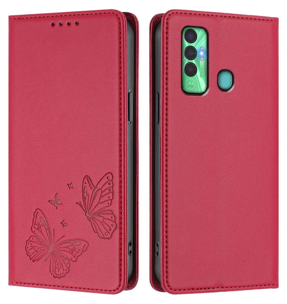 Lederhülle für Tecno Spark 7P, Schmetterling Prägung Leder Brieftasche Schutzhülle mit Ständer Rot