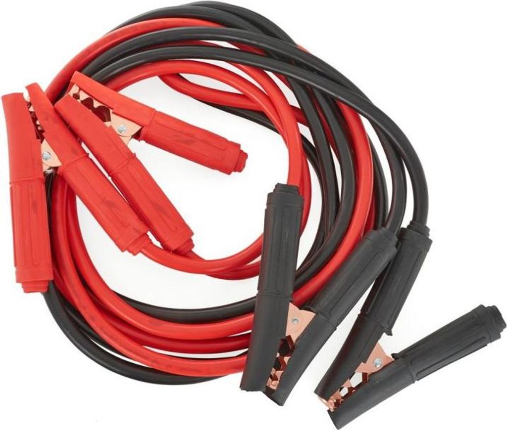 A coiled set of red and black jumper cables with alligator clips.