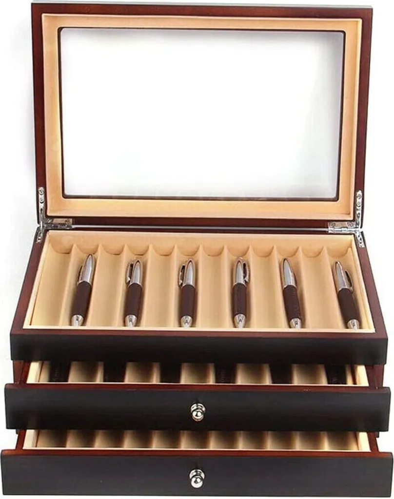 Boîte à stylos 3 niveaux en bois noir pour 34 stylos de collection