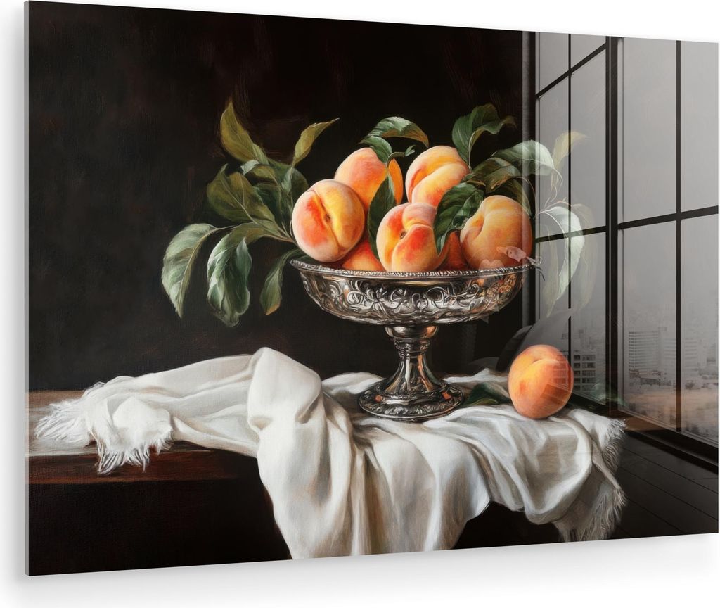 MuchoWow Glasbilder - Bilder auf Wandbild - Foto auf Glas Stillleben - Pfirsiche - Vintage 120x80 cm Wanddekoration aus Glas - Acrylglasbild - Acry...