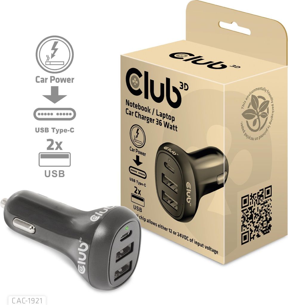 CLUB3D USB KFZ-Ladegerät 1xUSB C 2xUSB A 36W 12/24V retail
