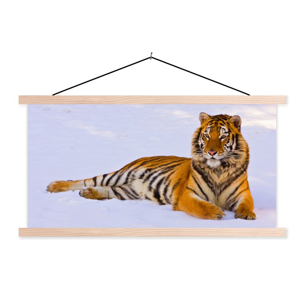MuchoWow Textilposter Tiger - Schnee - Winter - Tiere 60x30 cm mit holzfarbenen Rahmen - Dekoration