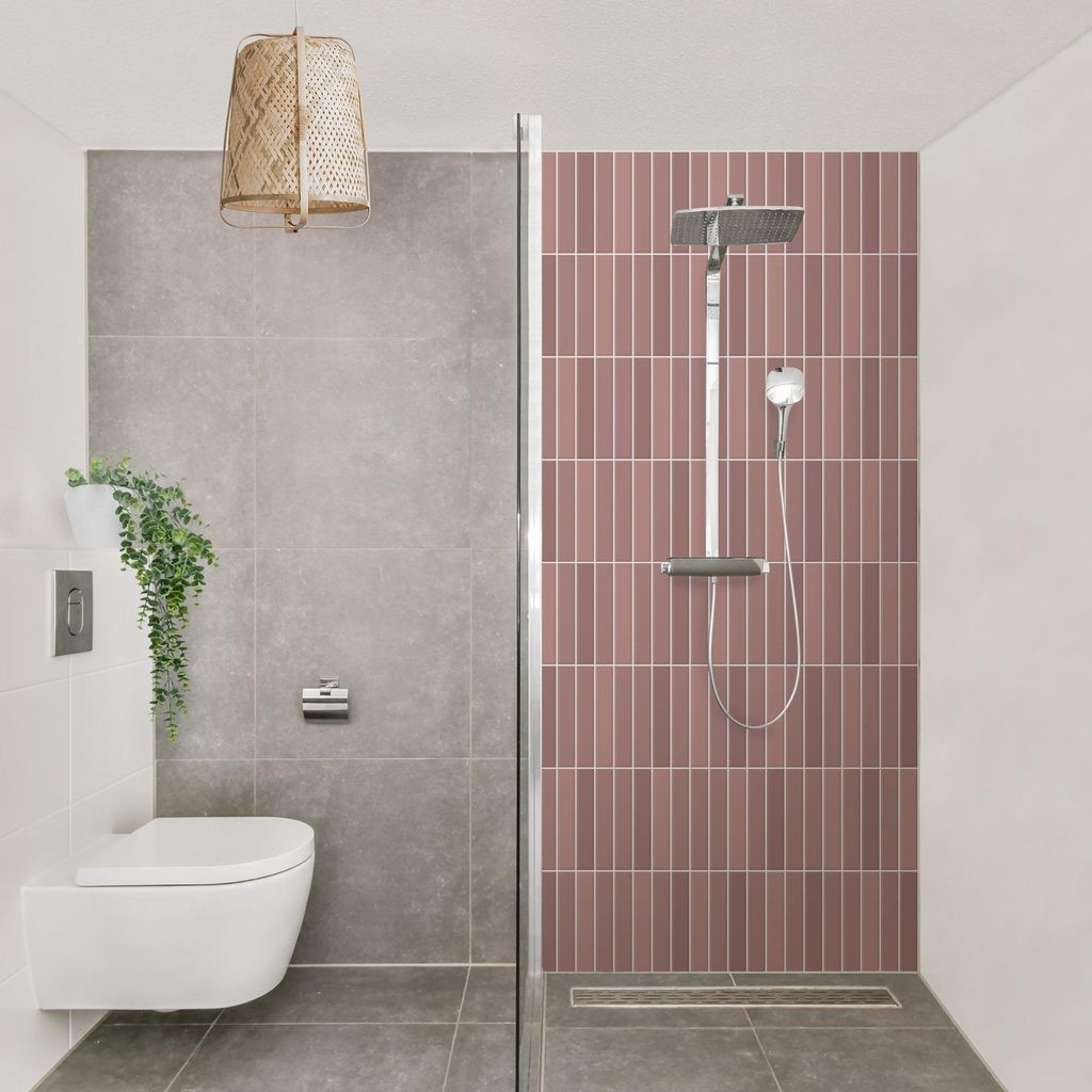 Duschrückwand mit Motiv selbstklebend - 0.61 mm Wandpaneel wasserfest Design rosa Fliesenoptik Unifarben Badrückwand fugenlos Premium matt 90x21...