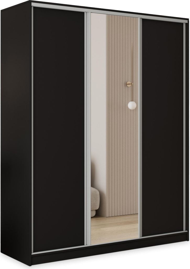 Masseno Schiebetürenschrank TARI 150/205/58 cm Kleiderschrank mit 4 Schubladen Schlafzimmer Schrank 3-türig mit Spiegel Schwarz