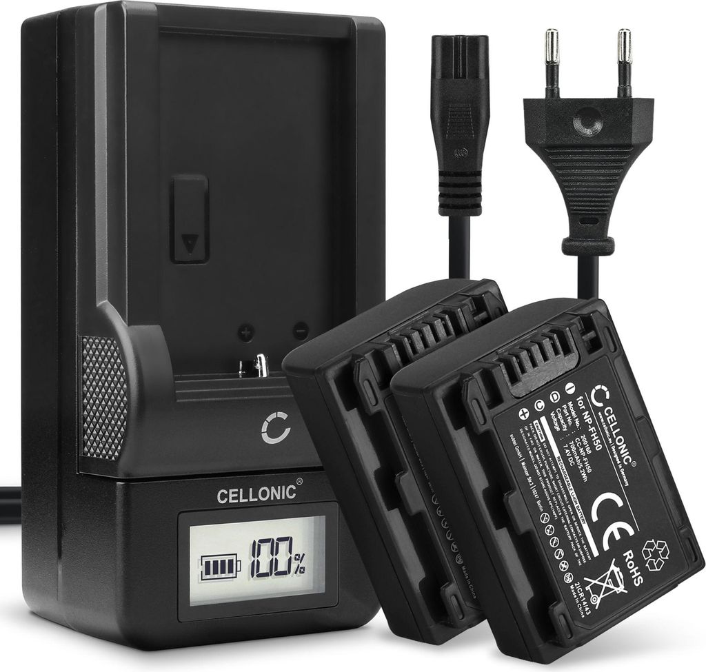 CELLONIC 2x Akku für Kamera Kompatibel mit Sony DSLR-A200 (α200), DSLR-A230 (α230), DSLR-A330 (α330), NP-FH50 - (700mAh, 7.4V) + Ladegerät