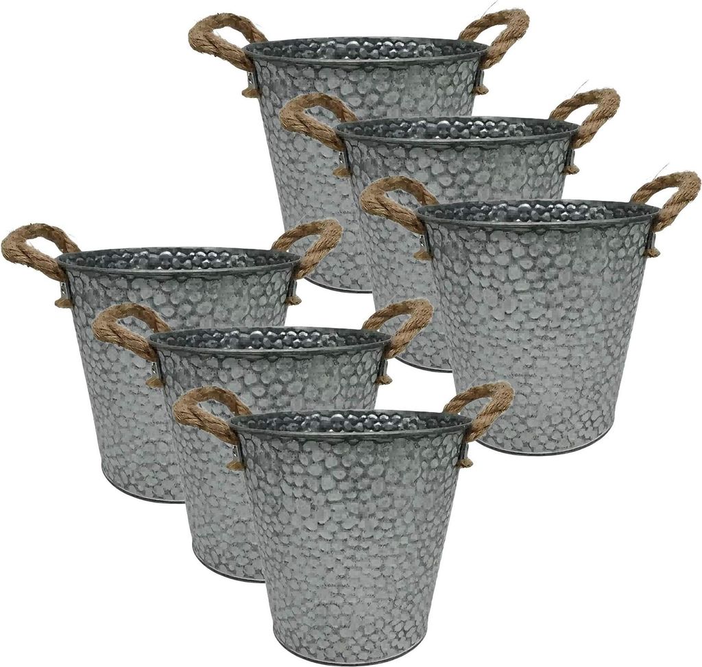 Set mit 6 Metallpflanzgefäßen im Vintage-Stil mit Jutegriffen