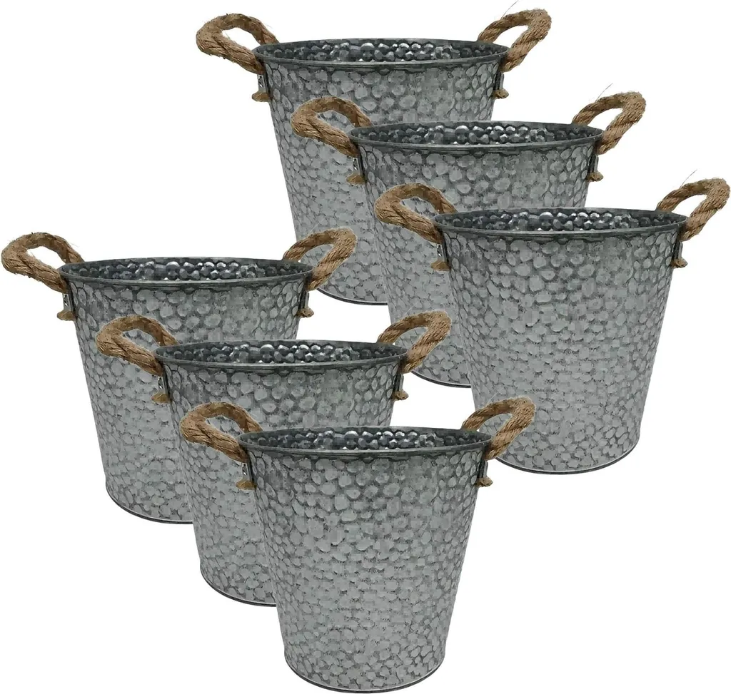 Bac à plantes vintage en métal et jute : lot de 6 jardinières robustes 25cm