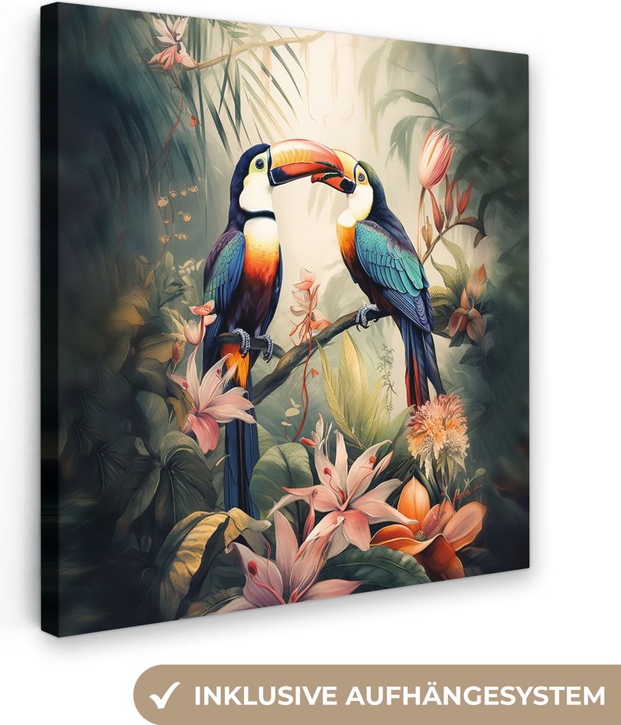 MuchoWow - Leinwandbilder - Tukan - Vögel - Blumen - Natur - Dschungel, Wandbild, Wanddeko Bilder Wohnzimmer, 20x20 cm