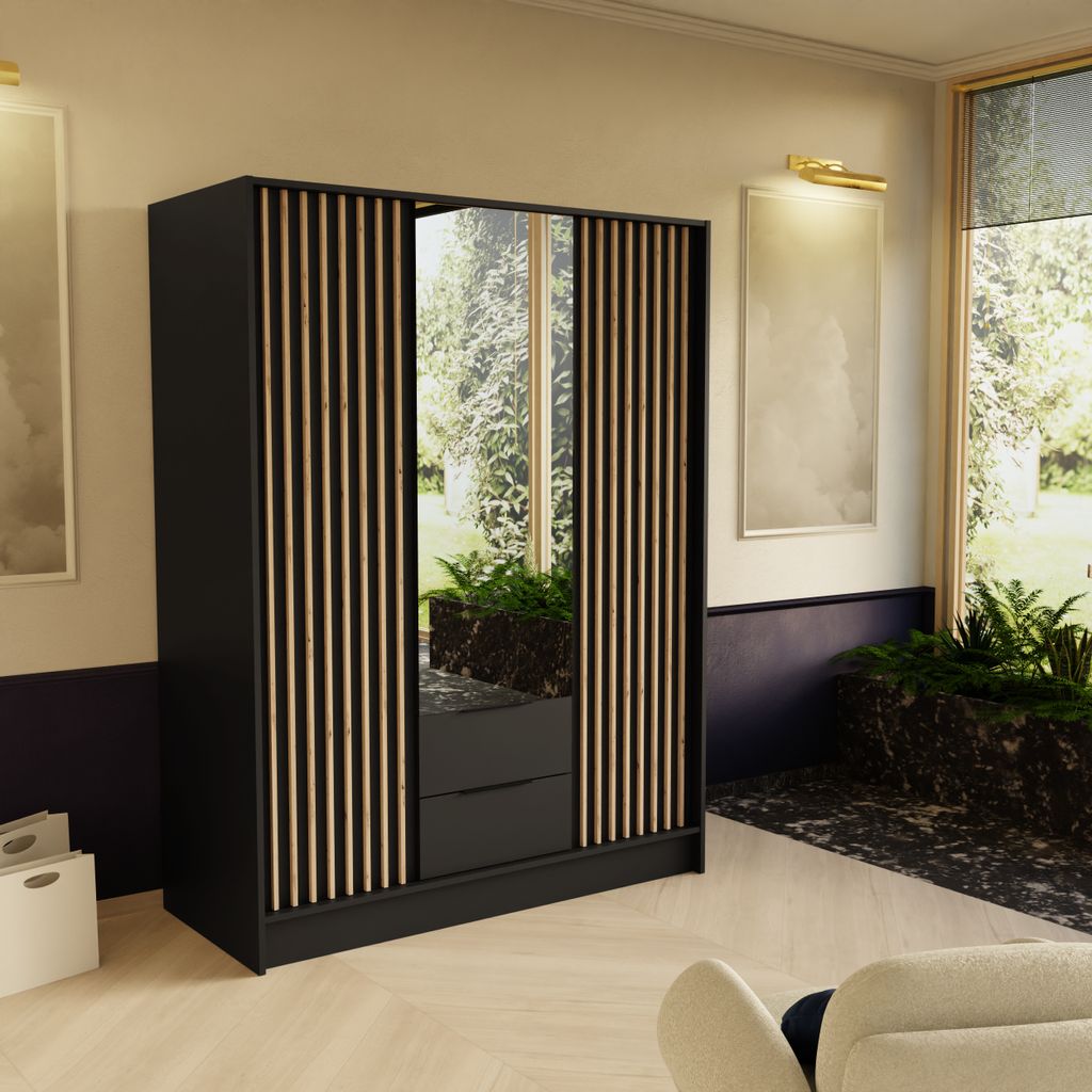 Drehtürenschrank NORI 150cm - Moderner Kleiderschrank mit Lamellen, Schubladen & Spiegel, Schwarz