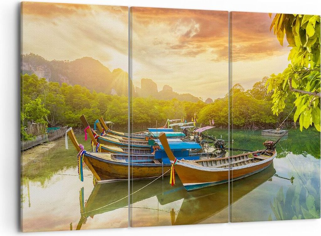 Bild auf Leinwand - Leinwandbild - Berge Boot Wasser - 105x70cm - Wand Bild - Wanddeko - Wandbilder - Leinwanddruck - Bilder - Kunstdruck - Wanddek...