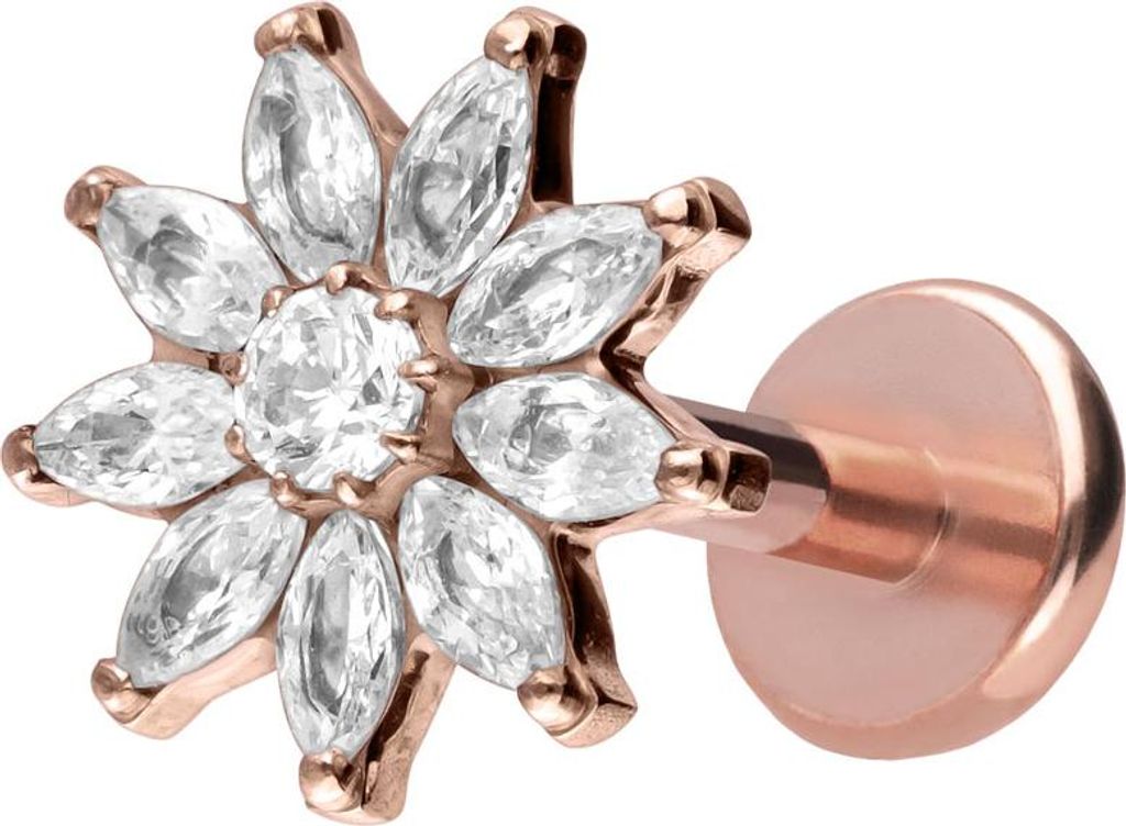Ohrpiercing, Nasenpiercing Titan Labret mit Push Fit KRISTALLBLUME RoséGold Stablänge: 7mm | Stabstärke: 1mm