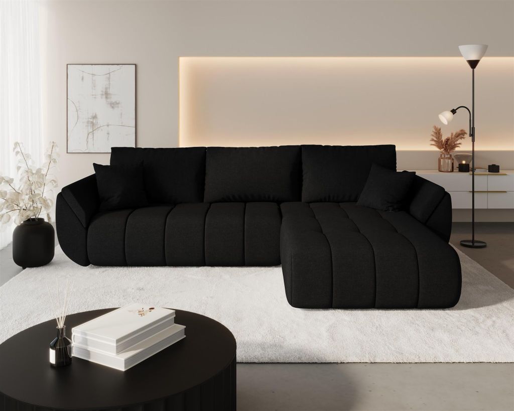 Ecksofa Schlafsofa MISATO Stoff Wind Schwarz Ottomane Rechts